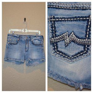 Sz 27 Miss Me Embroidered Boyfriend Blue Jean Shorts JPB1026SH